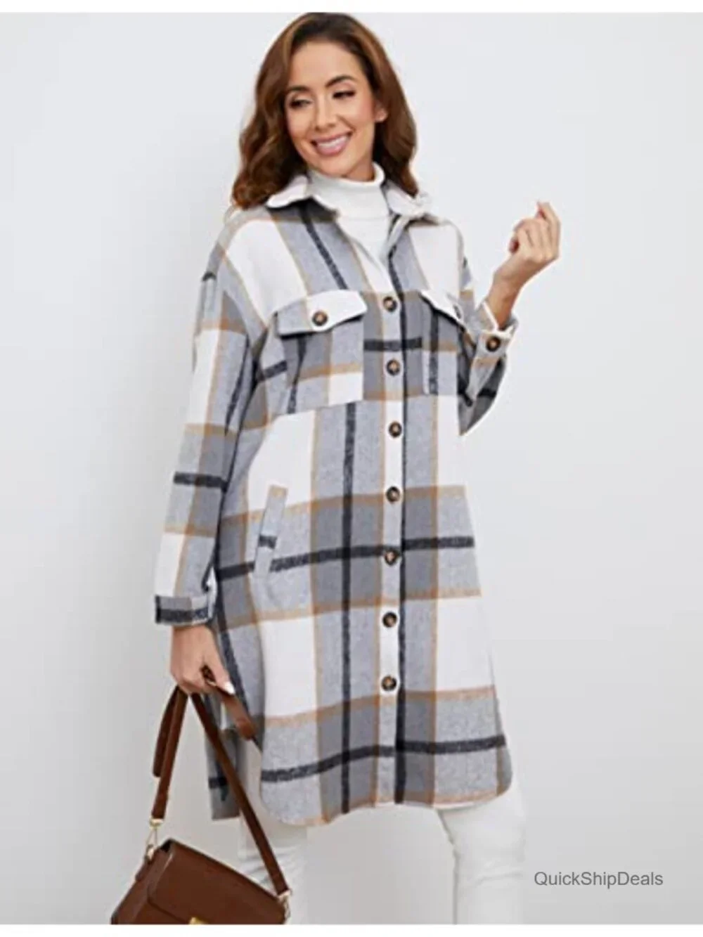 Womens Plaid Shacket Brushed Flannel Shirt Jacket, Wool Blend Tartan Coat,